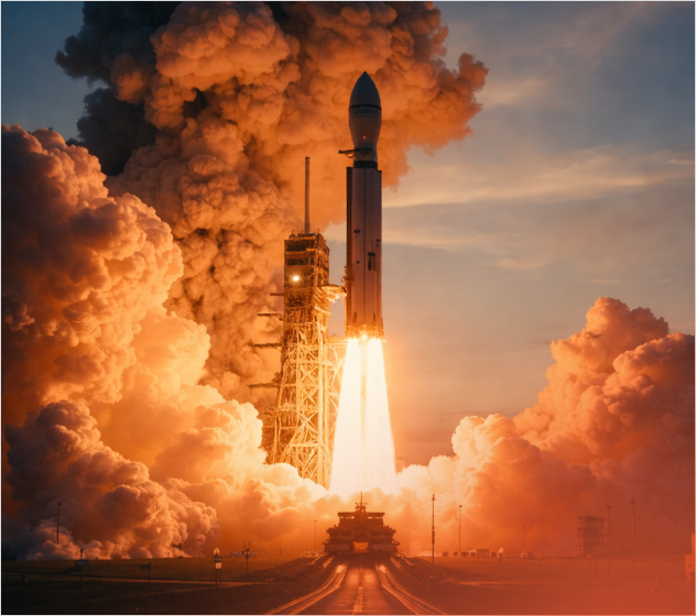 Rocket launch representing mission-critical aerospace manufacturing and secure mechanical part sourcing.